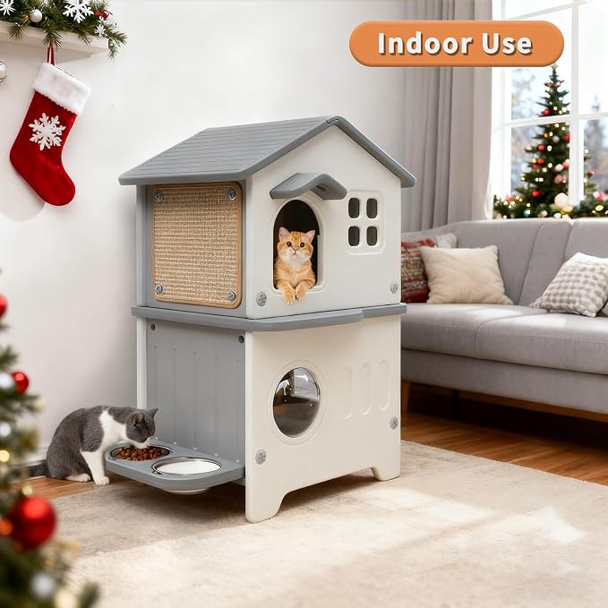 Outdoor Cat House with Liner, 100% Insulated Cat Houses for Winter Outside | 2 Story Waterproof Cat House for Outdoor Cats, Sturdy Cat Bowls & Scratch Pads, Clean Easily