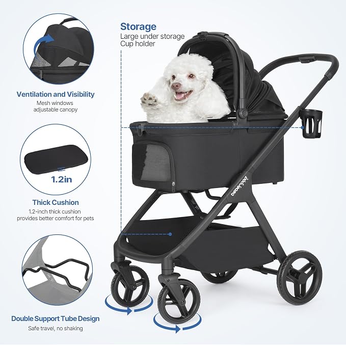 X-5 Pet Stroller for Medium Pets Up to 55 lbs, Black | Adjustable Handle, Detachable Carrier, Convertible Car Seat, One-Touch Fold, All-Terrain Wheels, 3-in-1 Design