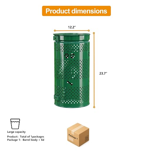 10 Gallon Galvanized Dog Waste Trash Can, Green | Durable galvanized steel pet waste bin with wall post and ground installation options, ideal for parks, yards and communities