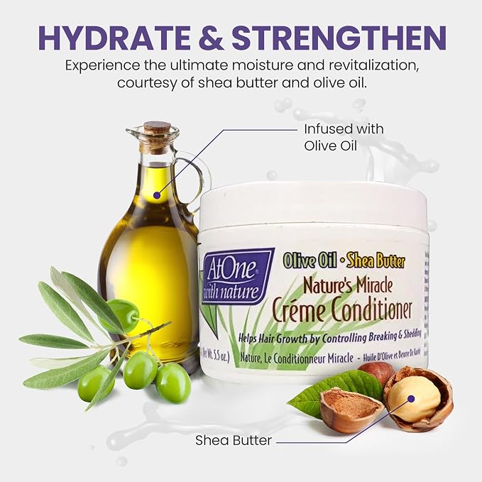 AtOne with Nature Miracle Cream Conditioner with Shea Butter & Olive Oil - Moisturizing Hair Conditioner, Controls Breakage & Shedding, Prevents Dryness, Ideal for Waves & All Hair Types, 5.5 oz