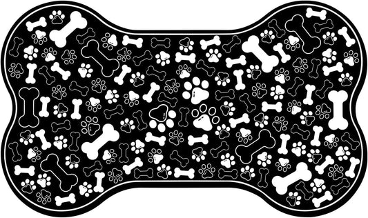 Dog & Cat Food Mat Bone Shaped Pet Feeding Mat Quick Absorb Water Bowl Placemat with Rubber Backing Indoor Floor Stain Resistant Pet Accessory Supplies (Black, 17x29 Inches)