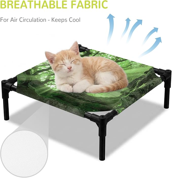 Outdoor Elevated Dog Bed for Small Dogs, Green Trees Breathable Cooling Raised Dog Cot for Indoor/Outdoor, Sunlight Forest Branches Nature Scenery Waterproof Elevated Pet Beds, S 20 x 20 in