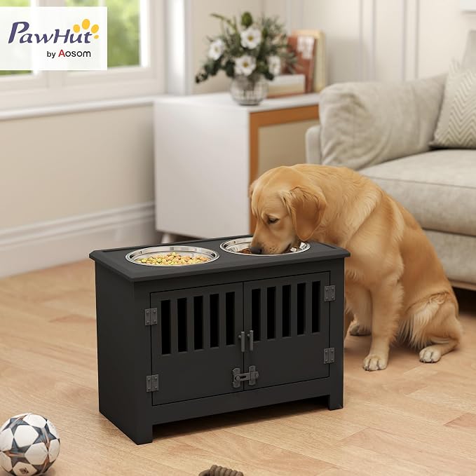 PawHut Large Elevated Dog Bowls with Storage Cabinet - 37L Capacity, Raised Dog Bowl Stand Feeding Station, Black | Raised Dog Bowl Stand Pet Food Bowl Dog Feeding Station