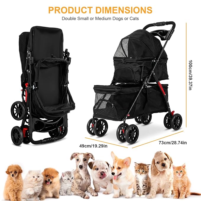 Foldable Double Pet Stroller with Lockable Wheels, Tear-Resistant Fabric | Double Pet Stroller for Dogs and Cats,Cat Strollers for 2 Cats,Double Dog Stroller for 2 Small Medium Dogs,4 Lockable Wheels