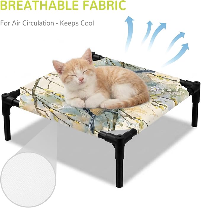 Outdoor Elevated Dog Bed for Small Dogs, Birds Branches Breathable Cooling Raised Dog Cot for Indoor/Outdoor, Country Elegant Pastoral Floral Waterproof Elevated Pet Beds, S 20 x 20 in