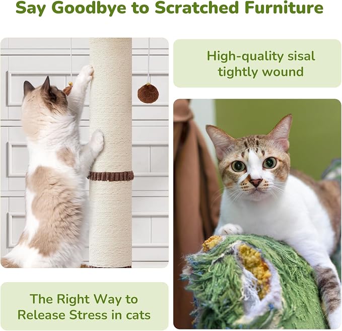 Woochpet Cat Scratching Post 34 Inch Tall Heavy Duty Sisal Scratcher with Interactive Track Mouse Toy Condo Top Jingle Balls for Indoor Kittens,Green
