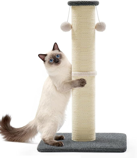 Made4Pets Tall Cat Scratching Post, 33" Natural Sisal Cat Scratcher with Hanging Balls, Heavy Duty and Thicker Scratching Post for Indoor Cats Adults, Sturdy Base Cat Scratch Post, Dark Grey