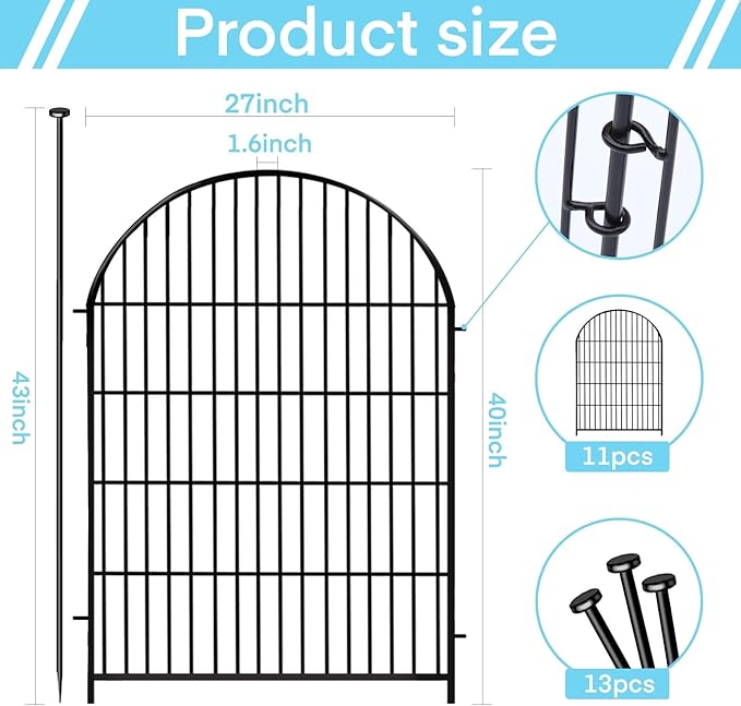 Okaygardn Tall Garden Fence with Gate 40 in(H)x26.2 Ft(L), 12 Panels Dog Fence Outdoor for Yard, No Dig Garden Fence Border,Heavy Duty Metal Temporary Rabbit Dog Fences Animal Barrier for Outdoor Yard