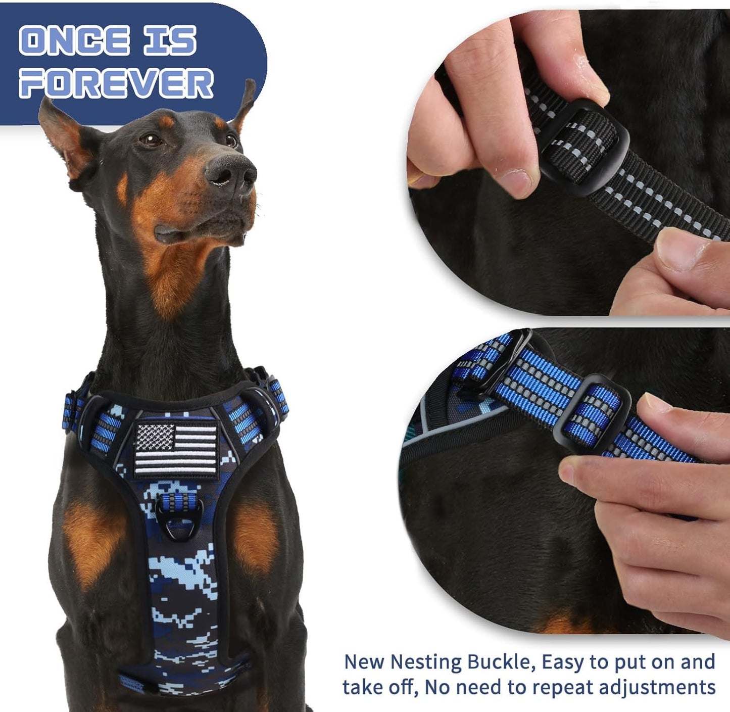 BUMBIN Tactical Dog Harness for Small Dogs No Pull, Famous TIK Tok No Pull Puppy Harness, Fit Smart Reflective Pet Walking Harness for Training, Adjustable Dog Vest Harness with Handle Blue Camo S