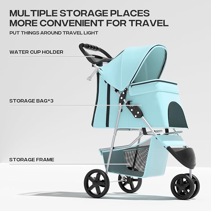 Pet Stroller for Small Dogs 10 lbs, Dog Stroller for Medium Dogs 30 lbs, Cat Strollers for 2 Cats, 3 Wheels Foldable Jogger Puppy Stroller with Storage Basket and Cup Holder, Mint