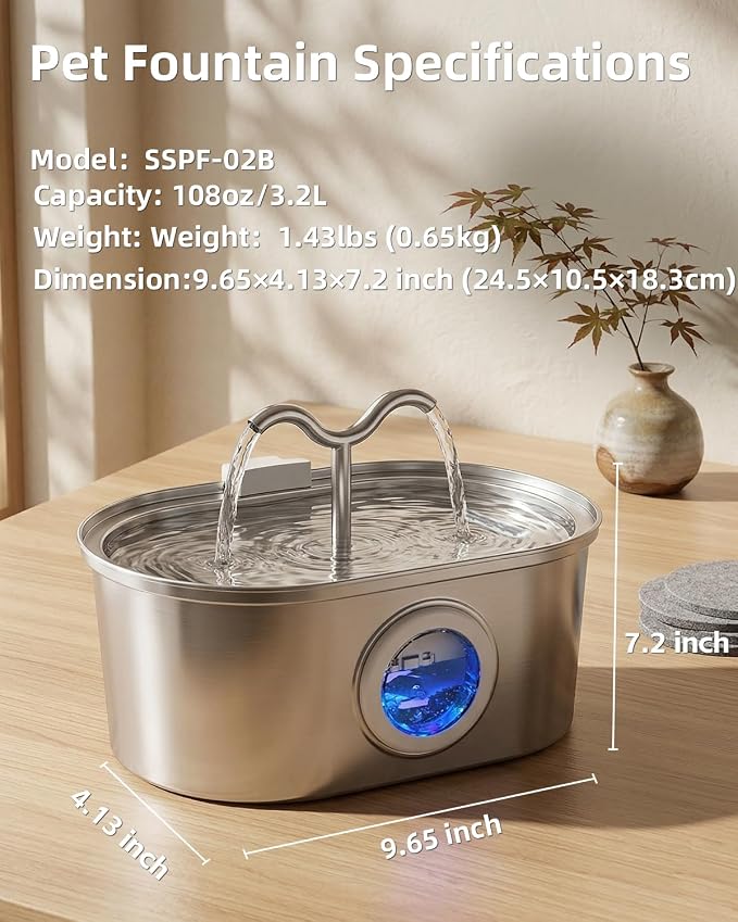 Cat Water Fountain Stainless Steel, 108oz/3.2L Pet Water Fountain for Cats Indoor, with Dual Spouts for Multiple Cats, Ultra-Quiet Automatic Dog Water Dispenser, 3 Pack Filters Included