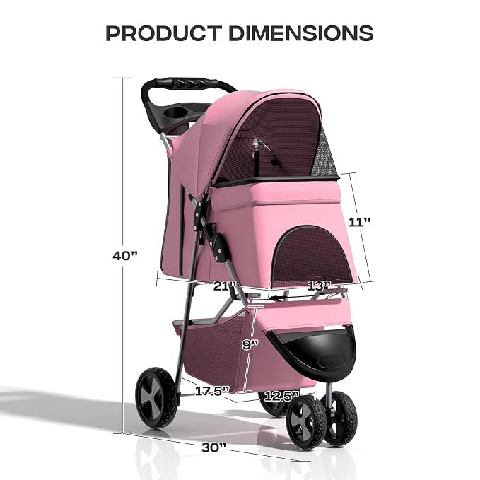 Pink Dog Stroller for Medium Dogs 30 lbs Pet Stroller for Small Dogs Cat Strollers for 2 Cats, 3 Wheels Foldable Jogger Puppy Stroller with Storage Basket and Cup Holder, Pink