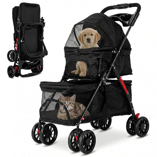 Foldable Double Pet Stroller with Lockable Wheels, Tear-Resistant Fabric | Double Pet Stroller for Dogs and Cats,Cat Strollers for 2 Cats,Double Dog Stroller for 2 Small Medium Dogs,4 Lockable Wheels