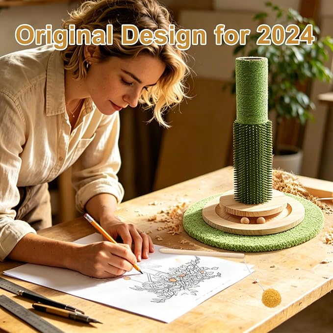 Cat Scratching Post, 46 Inch Tall Cat Scratcher Tree for Indoor Cats Adults with Natural Sisal Rope, Large Scratching Posts with Rubber Brush, 3-Layer Solid Wood Base and Balls Track Toy