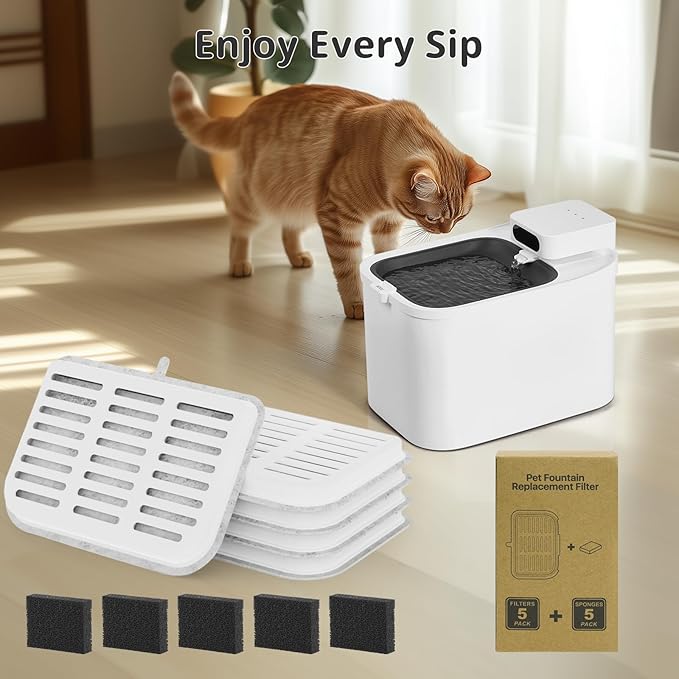 Filter Unit Rect For E VERSWEET MAX Cordless 105fl oz/3L Pet Cat Water Fountain Filter Replacement (Square-5 Filters+5 Sponges)
