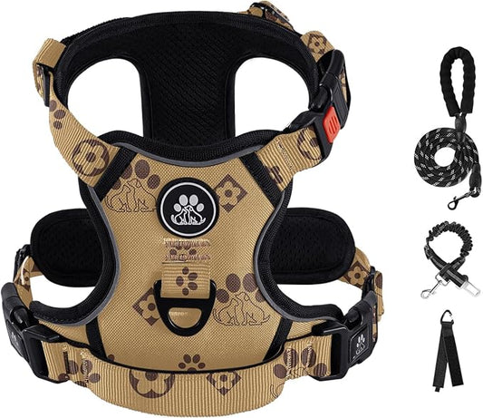 IVY&LANE No Pull Dog Harness with Leash Set, Reflective No Choke Pet Vest,Adjustable Oxford Dog Vest Harness with Easy Control Handle for Medium Dogs (Light Brown,M)