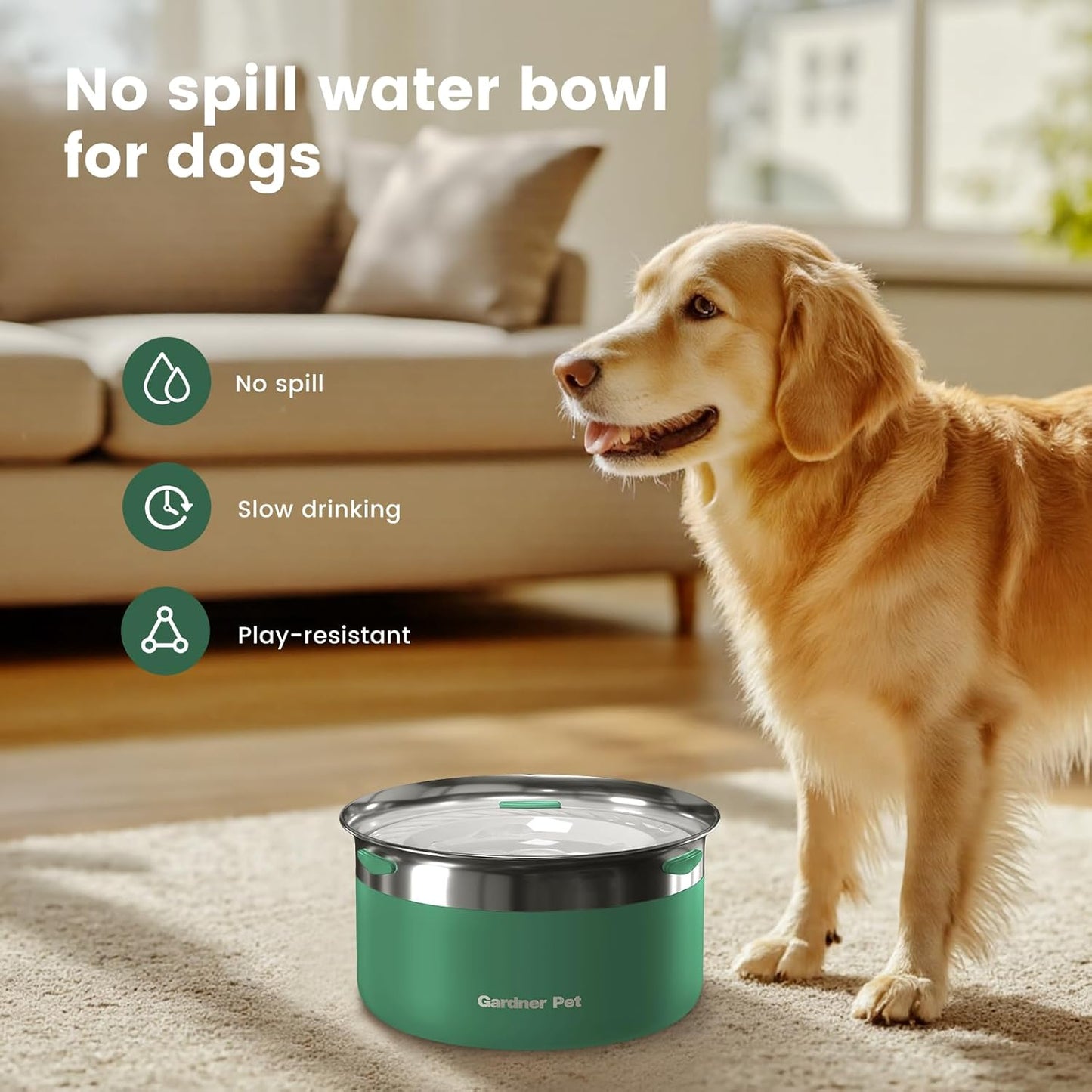 Gardner Pet Dog Bowls 1 Gallon (3.85L) Stainless Steel No Spill Dog Water Bowl, Slow Water Feeder Metal Bowls, Spill Proof Water Dispenser for Large Dogs, Promotes Healthy Hydration