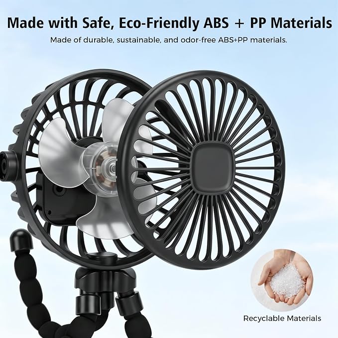 GTPLAYER Pet Stroller Fan, Portable Rechargeable Clip-On Fan with LED Light, Quiet 3-Speed Cooling Fan for Dogs & Cats, Black