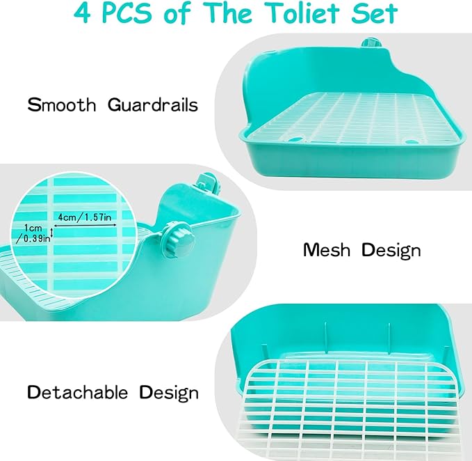 PINVNBY Multi-Purpose Plastic Rabbit Litter Box Set, 5 Disposable Pet Pads, Mini Broom & Dustpan, Ceramic Rabbit Feeding Bowl - Ideal for Rabbits, Guinea Pigs