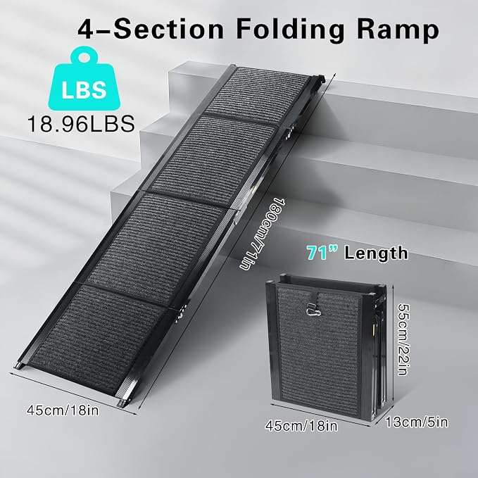 CypherX 71" Dog Ramp for Car SUV, Portable Folding Pet Ramp for Large Dogs | Gentle Incline Dog Car Ramp, Non-Slip Carpet Surface, Quad-Fold Ultra Portable Pet Stairs, Sturdy Aluminum Supports 250lbs