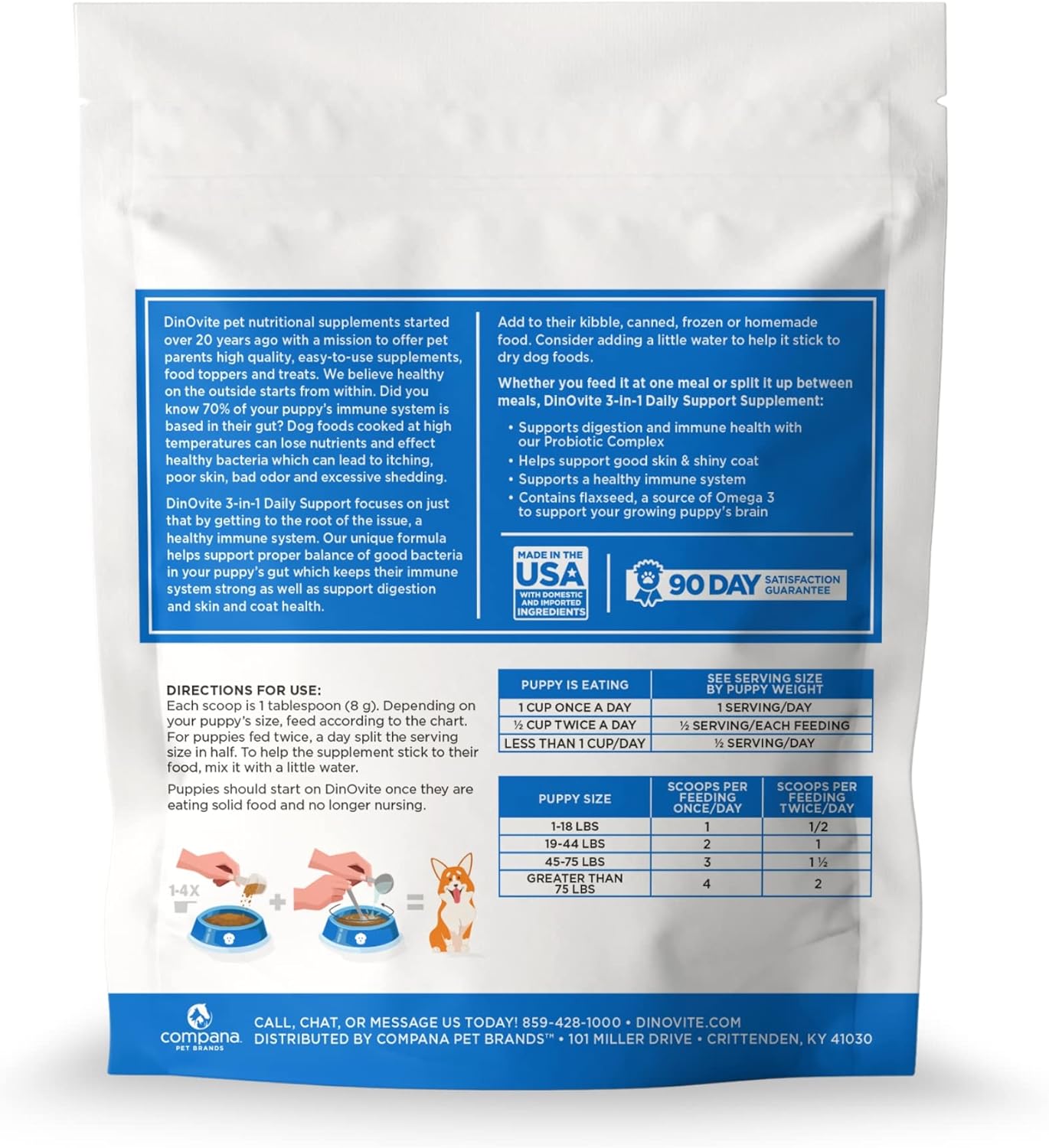 Dinovite 3 in 1 Probiotic for Puppies, Skin & Coat, Digestive Health & Joint Relief, Dog Food Toppers, Salmon Oil, Glucosamine, Allergy Relief & Itch Relief Skin Care, 90 Servings (Puppy)