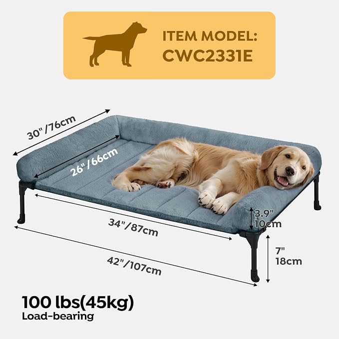 Veehoo Elevated Dog Beds Large Sized Dog with Fluffy Plush Bolster Cushion | Orthopedic Raised Dog Beds for Indoor Outdoor, Soft Pet Sofa Cot with Removable Washable Mat, No-Slip Feet, 42" x 30", Blue