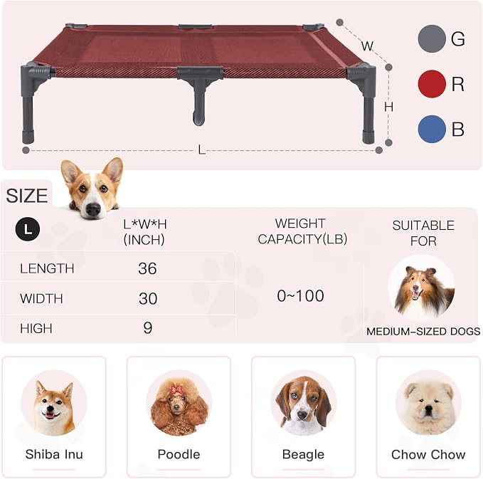 Elevated Dogs Bed Waterproof Outdoor, Portable Raised Dog Cot, Dog Beds Off the Floor, Dog Beds Easy Clean Indoor or Outdoor Use, Large, Red