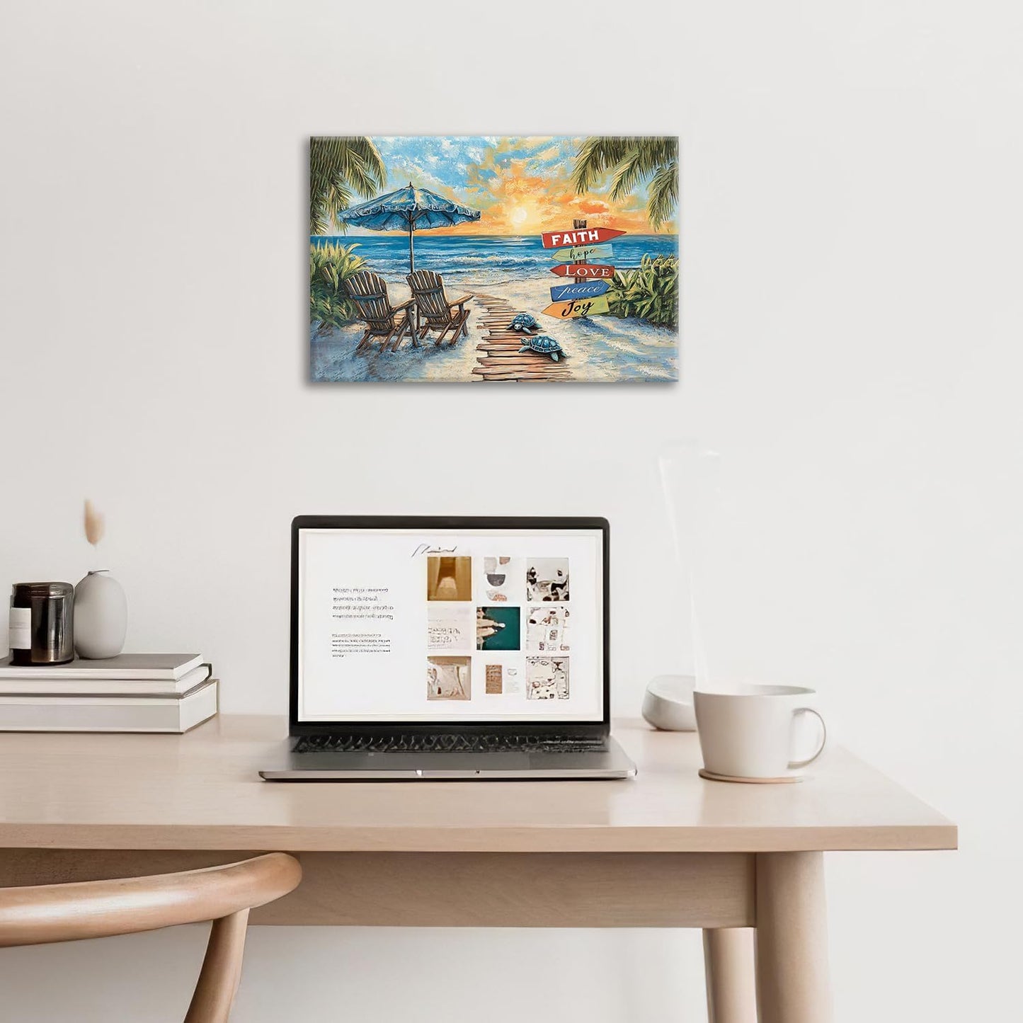 Beach Ocean Bathroom Pictures Wall Art, Seaside Coastal Bathroom Wall Decor, Sunrise Framed Painting Canvas Artwork for Bedroom Living Room Decorations 24"L x 16"W