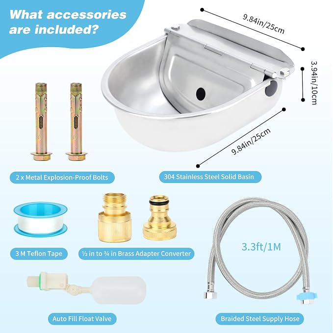 FHTONGE 304 Stainless Steel Automatic Dog Water Bowl Dispenser with Outfall | Float Valves Auto Fill, Wall-Mounted Dog Waterer for Outdoor Big Dog Livestock Poultry Horse Cow Goat Pig Chicken Duck Rabbit