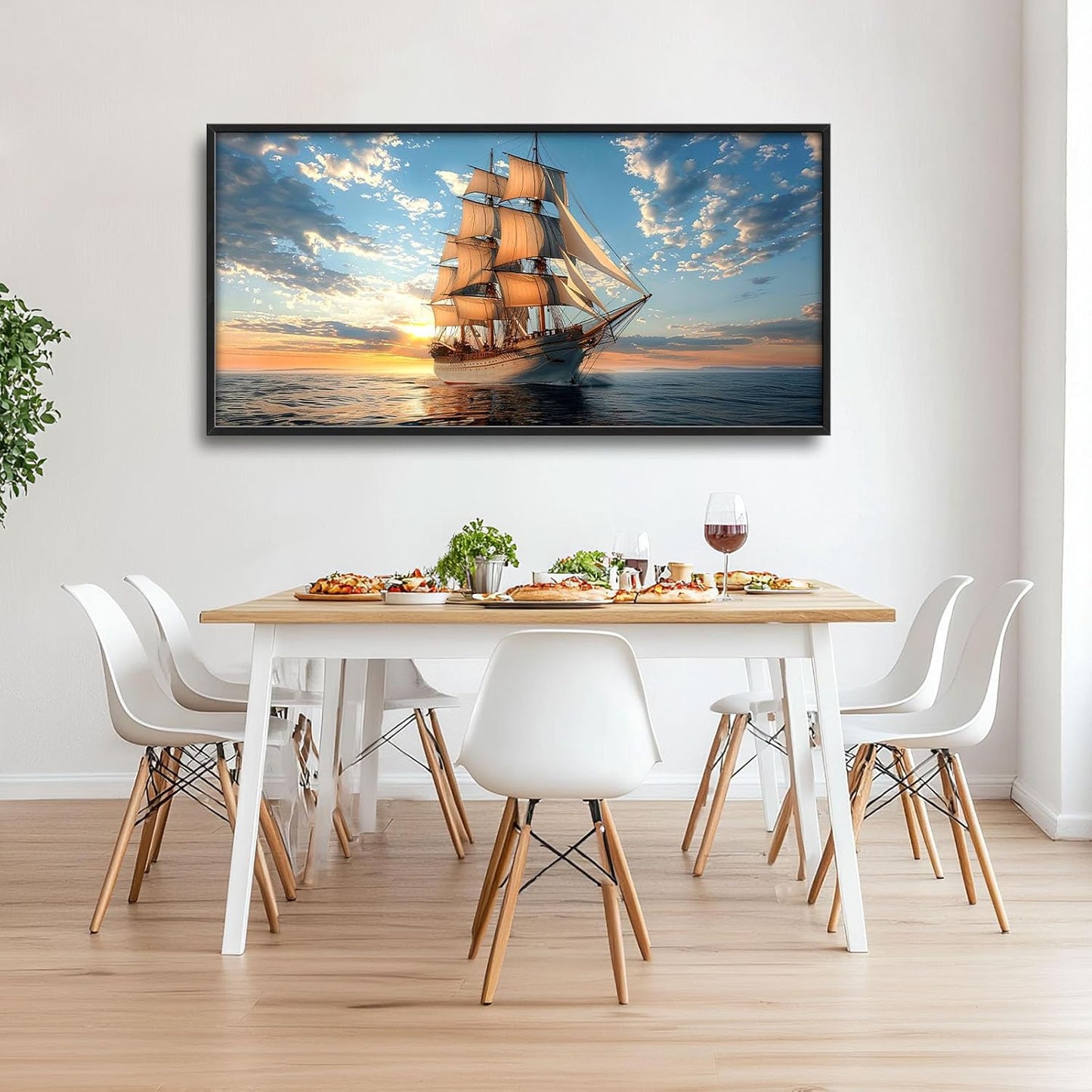 Nautical Ship Large Wall Art Sea Sailing Ship Pictures Sunrise Seascape Wall Decor Nature Landscape Canvas Print Painting Artwork for Bathroom Living Room Bedroom 60L" x 30W"