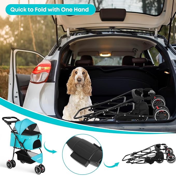 Pet Stroller,Dog Stroller for Small Medium Dogs Cats,3 Wheels,Foldable,with Breathable Mesh Canopy,Cup Holders,Easy Assembly,Mint Green