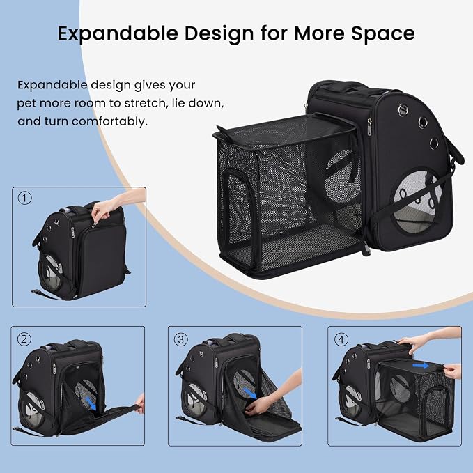 Expandable Cat Backpack Carrier for Small Cats & Pets Up to 18 lbs | Large Space Cat Backpack with Ventilated Breathable, Airline Approved Portable Travel Pet Backpack for Hiking/Camping/ Vet