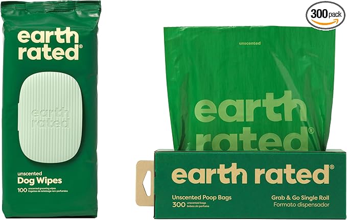 Earth Rated Dog Walking Essentials Bundle - Includes 300 Dog Waste Bags on Single Bulk Roll and 100 Dog Grooming Wipes, Unscented