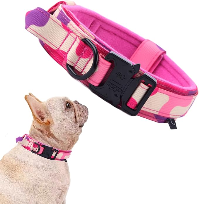 Tactical Dog Collar for Large Dogs with Control Handle,Pink Camo,S | 1000D Heavy-Duty Nylon Fabric,Quick-Release Metal Buckle,Adjustable Fit,Soft-Padded Webbing,D-Ring,for Training & Hiking