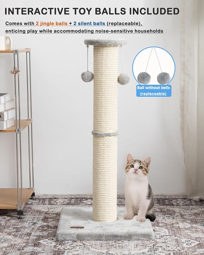 34" Cat Scratching Post 34 with Replaceable Sisal Scratcher | Tall Cat Scratch Post for Indoor Cats adults, Sturdy and Durable Large Scratching Post, Vertical Cat Post with Hanging Balls