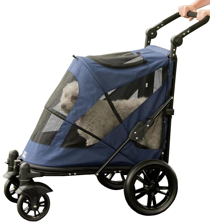 Pet Gear NO-Zip Pet Stroller with Dual Entry, Push Button Zipperless Entry for Single or Multiple Dogs/Cats, Pet Can Easily Walk in/Out, Gel-Filled Tires, Navy, Excursion