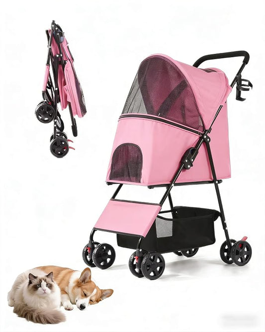 Pet Stroller for Small Medium Dogs Cats - Lightweight Foldable Dog Stroller | 33lbs, 4 Wheels All Terrain Cat Stroller, Breathable Mesh &Safety Tether, Storage Basket for Outdoor Walks, Pink Dog Stroller