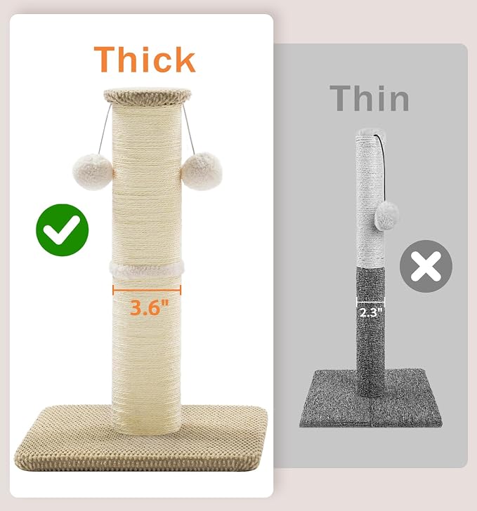 Made4Pets Tall Cat Scratching Post, 23.6" Natural Sisal Cat Scratcher with Hanging Balls, Heavy Duty and Thicker Scratching Post for Indoor Cats Adults, Sturdy Base Cat Scratch Post, Beige