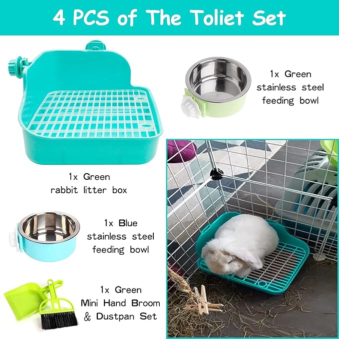 PINVNBY Rabbit Litter Box for Cage Bunny Corner Litter Bedding Box Small Animal Litter Pan Hanging Pet Bowls Cage Potty Trainer Pet Toilet for Rabbit Bunny Guinea Pigs Small Animals（Green）