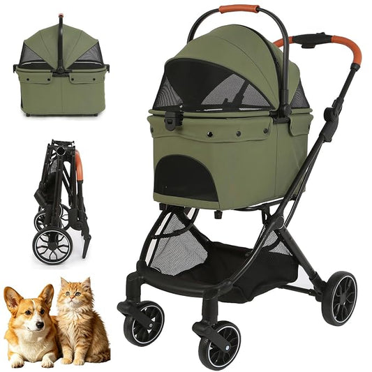 Pet Stroller for Small Dogs and Cats, Detachable Dog Cat Stroller with All-Terrain Shock Absorbing Wheels, One-Click Foldable Design, Adjustable Canopy (Green)