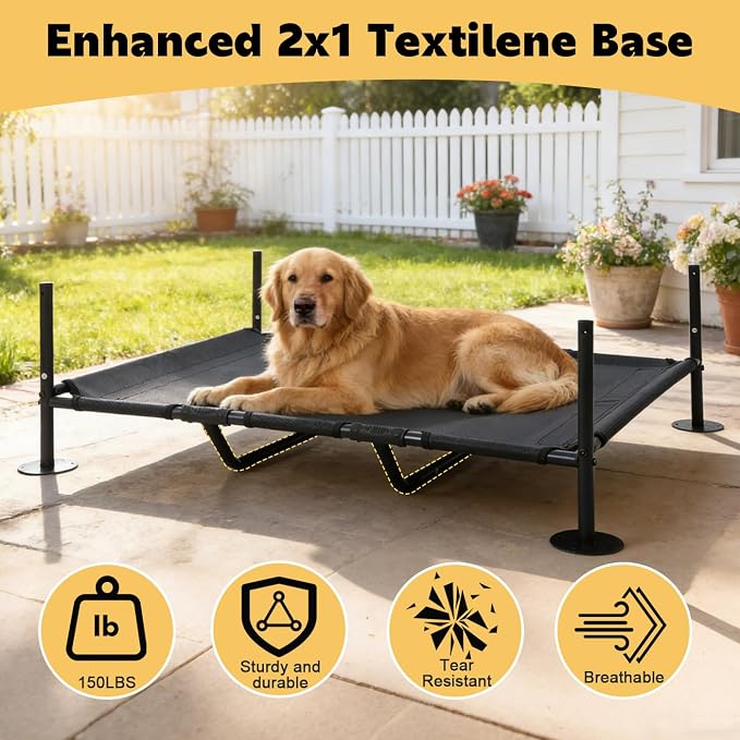 Large Dog House with Elevated Dog Bed, Waterproof Dog Shade with Back Cover | Portable Outdoor Dog Tent for Medium/Large Dogs, Sun & Rain Protection Canopy for Camping/Patio/Yard, Ground Stakes Included
