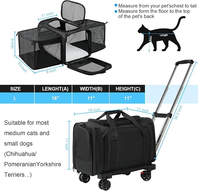 Pet Carrier Airline Approved, Expandable Pet Cat Carriers with Wheels for Dogs, Airline Approved Cat Dog Carrier, TSA Approved Pet Carrier in Cabin, Pet Dog Cat Carrier Soft, Cat Travel Carrier(Grey)