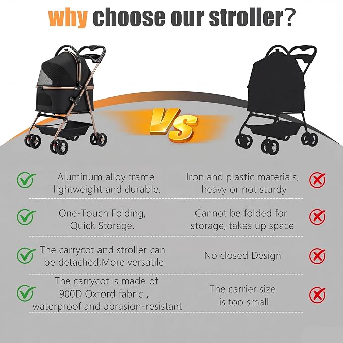 Pet Stroller with Removable Carrier | Lightweight Cat and Dog Stroller with One-Touch Folding|Aluminum Alloy Frame|900D Oxford Fabric and Rain Cover for Travel