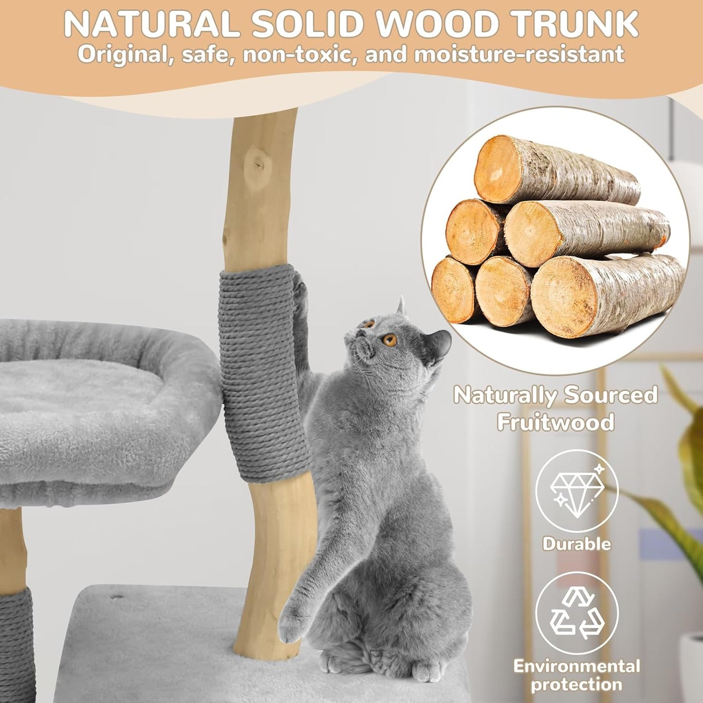 Modern Cat Tree for Large Cats - Multi-Level Wooden Tower with Scratching Posts, Large Jumping Platforms, Hanging Toy - Modern Luxury Cat Furniture for Indoor Cats-Grey