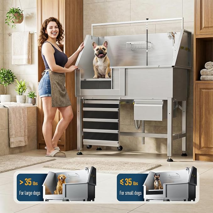 46" Dog Washing Station, 304 Stainless Steel, 440 lb, Side Ramp | hot cold faucet, fixed sprayer, shampoo dispenser, storage drawer, S-trap, hair filter, garage outdoor grooming