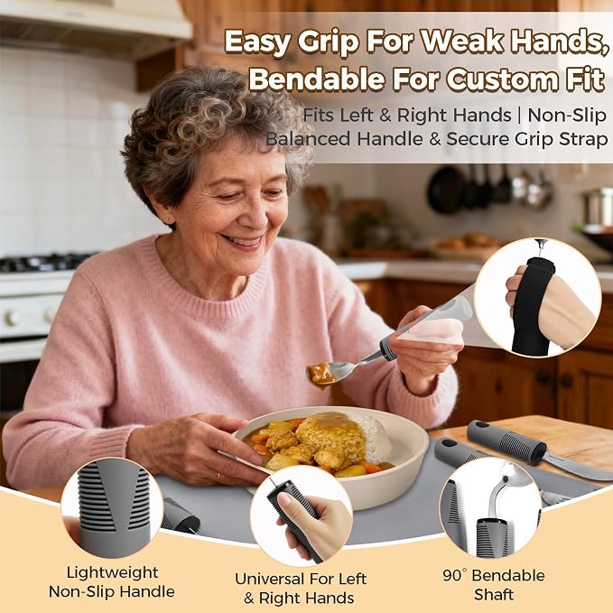 9 Pcs Bendable Adaptive Utensils Set for Parkinson's Arthritis Elderly | Built Up Handle, Stabilizing Tremor, Non-Slip Lightweight Grip, for Weak Grip & Stroke, Independent Dining, BPA-Free