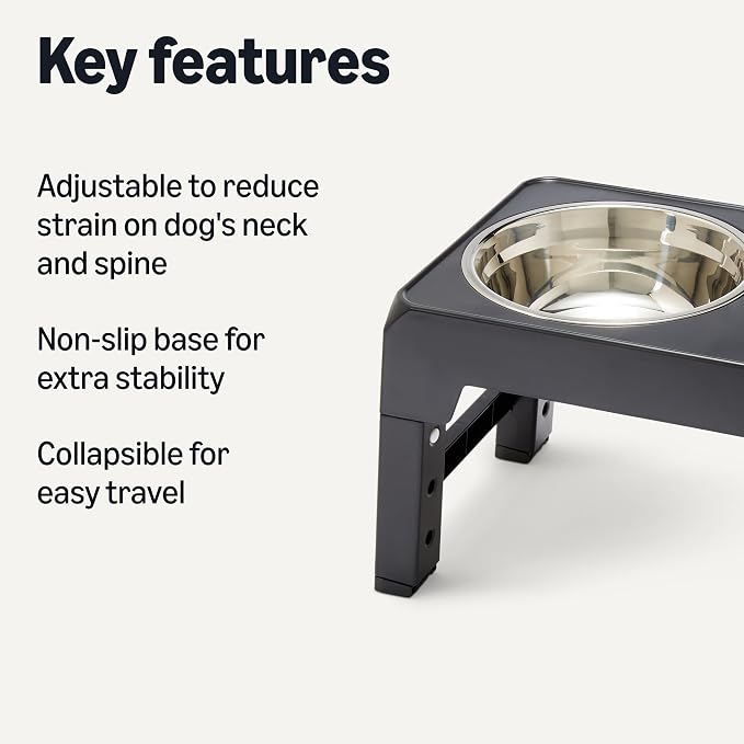 Amazon Basics Elevated Dog Bowls Stand, 5 Height Adjustable Foldable Raised Pet Feeder with Stainless Steel Bowls, Non-Slip Base, 17.3 x 9.4 x 12 in, Black