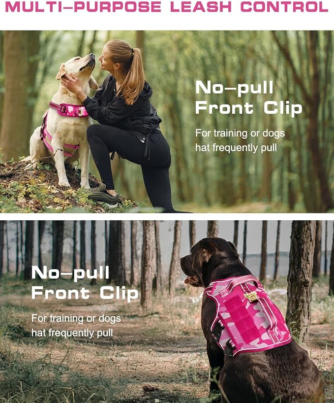 Dog Harness Medium Sized Dog, No Pull Dog Vest with Molle System | Tactical, Easy Control With Handle, Breathable Soft Padded, Adjustable, Reflective, No Choke for Walking, Pink Camo Medium