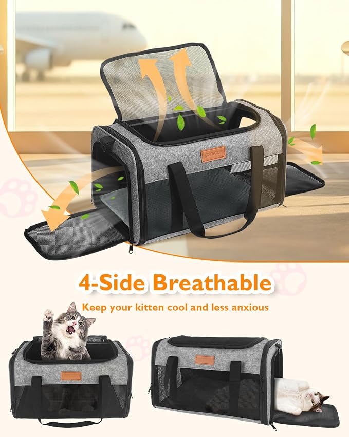 PETUX Airline Approved Pet Carrier for Small Cats up to 12 lb, 17x11x9.5 in | Underseat, Top & Side Entry, TSA‑Friendly, Soft Sided Cat Carrier with Breathable Anti-Scratch Mesh for Travel & Vet, Grey