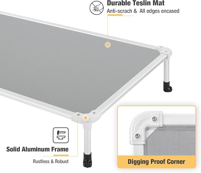 Veehoo Chew Proof Elevated Dog Bed, Cooling Raised Pet Cot, Silver Aluminum | Indestructible Dog Bed with Durable Textilene Mesh Fabric, No-Slip Feet for Indoor or Outdoor Use, 32", Medium, Grey